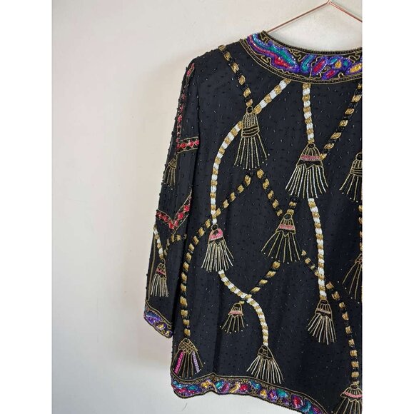 Vintage 80s Lawrence Kazar Womens Black Silk Beaded Sequin Tassel Jacket Size XL - Picture 7 of 16
